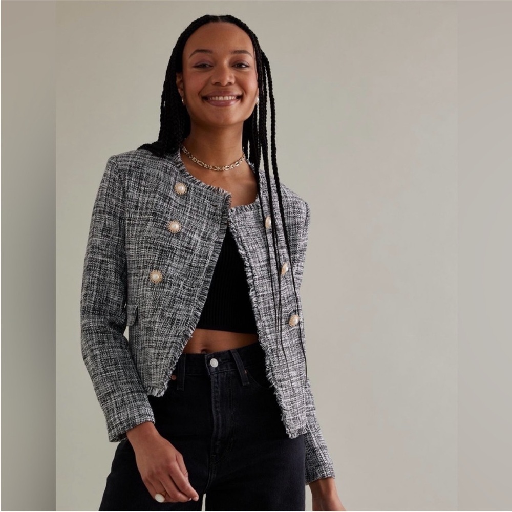 Maeve Anthropologie black white tweed jacket pearl button 2 - Picture 5 of 10